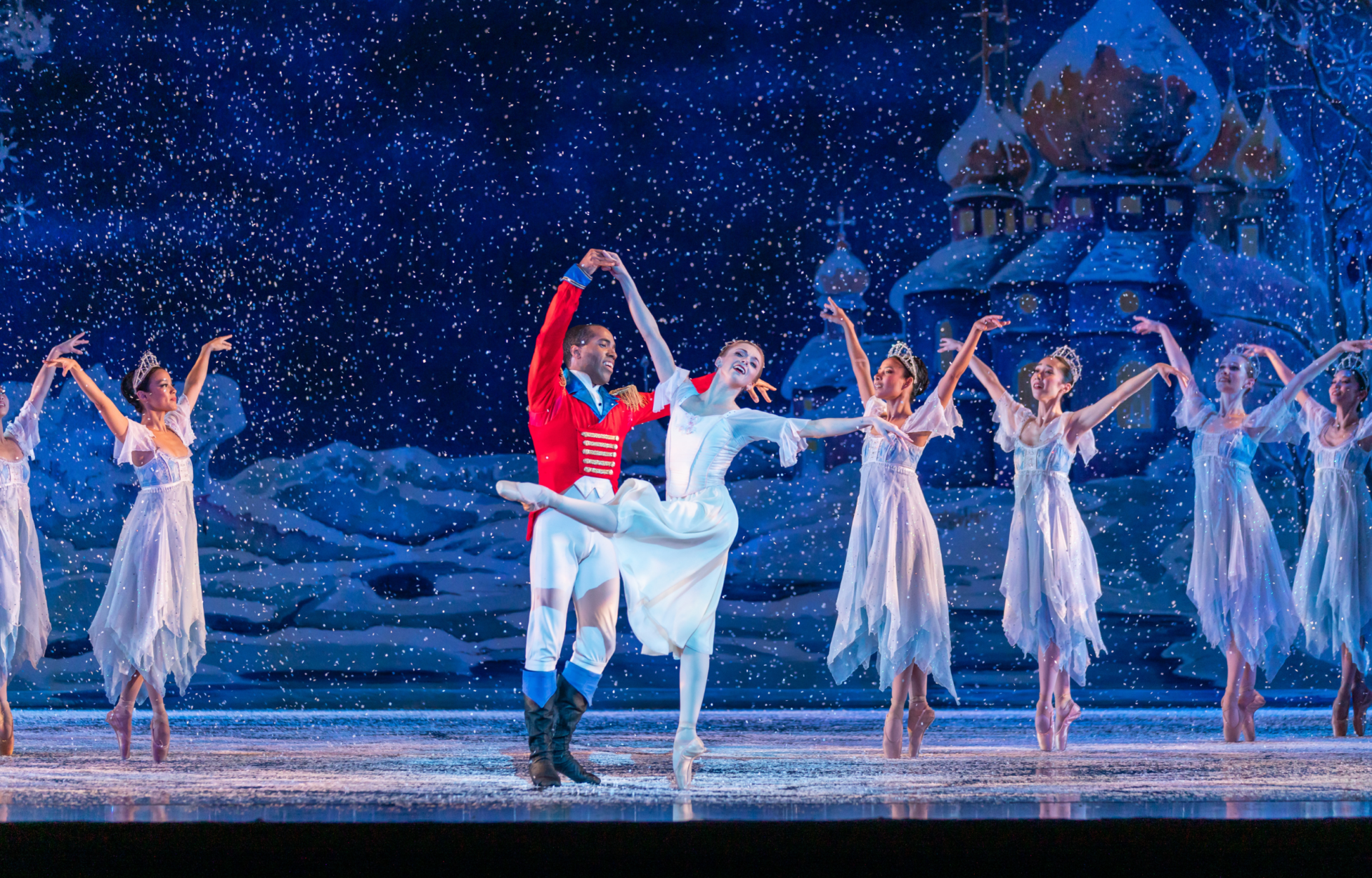 Clara and the Nutcracker Prince dance together in snow for a BalletMet production of the Nutcracker.