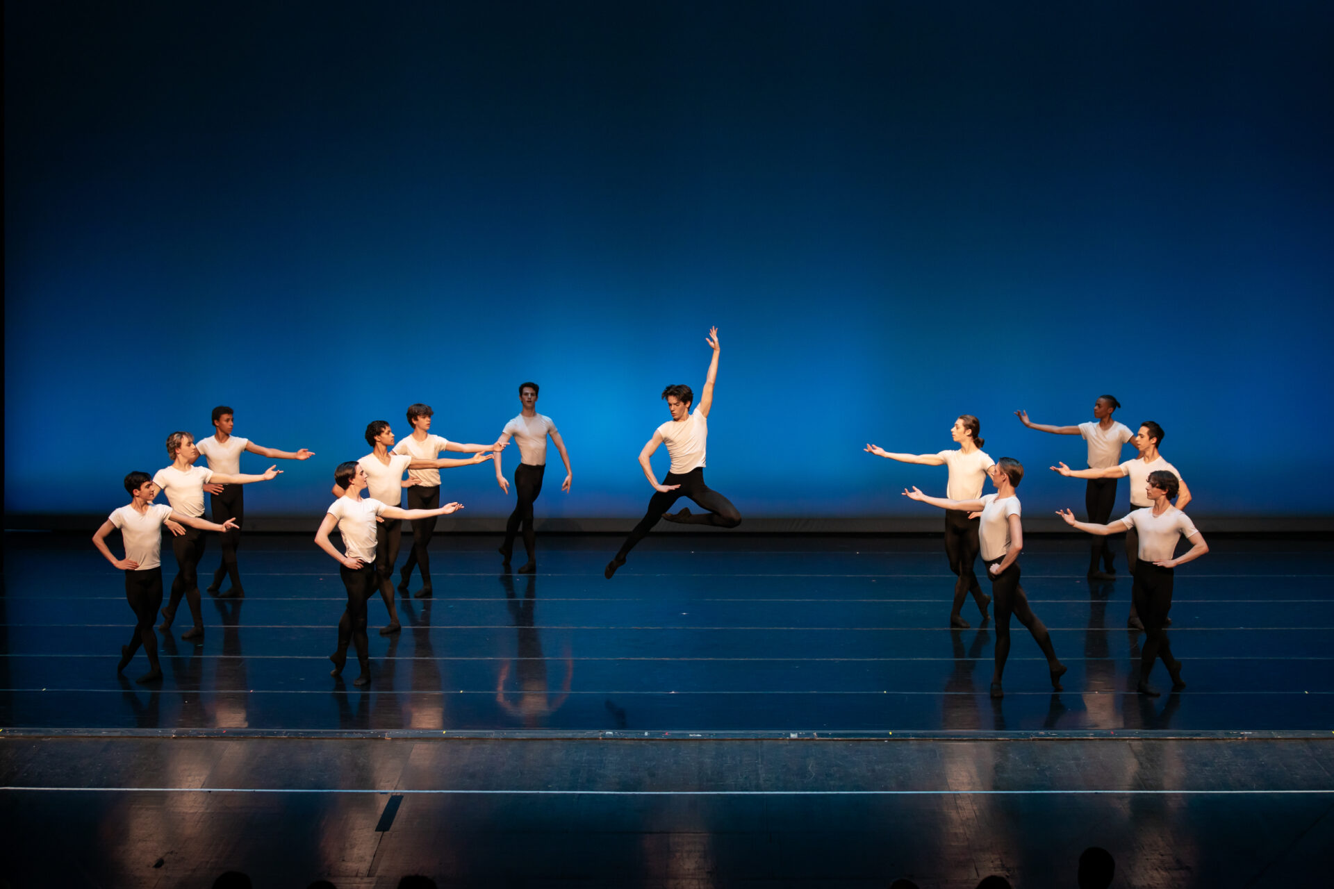 Male ballet dancers performing on stage.