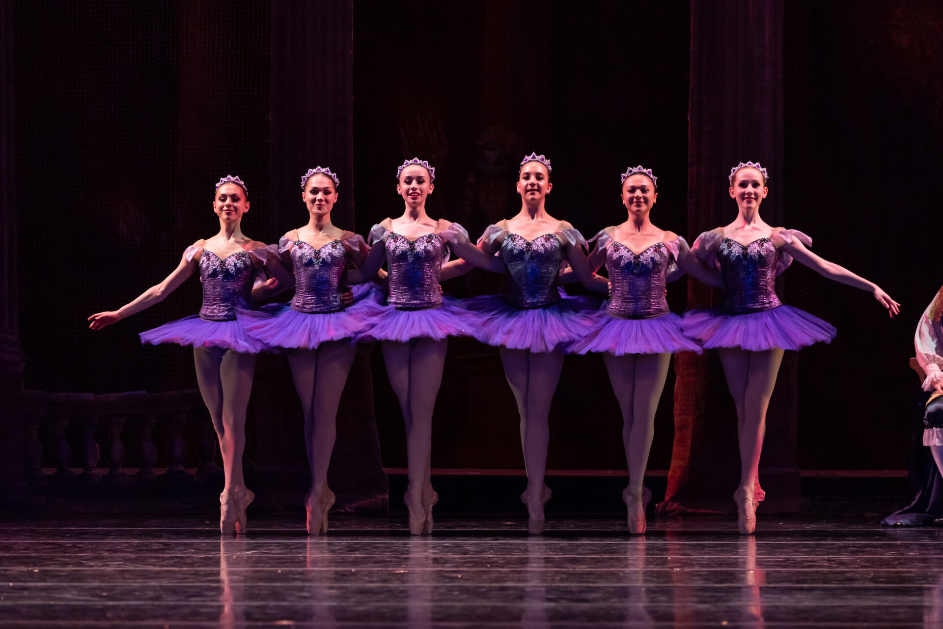 A group of female ballerinas on stage in a line with linked arms. They are in dark purple tutus.